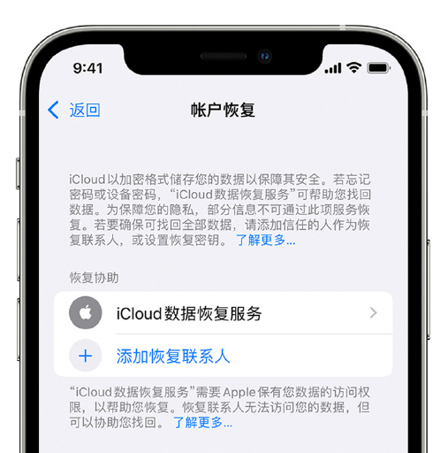 镇安苹果手机维修分享在 iPhone 上设置帐户恢复联系人的方法 