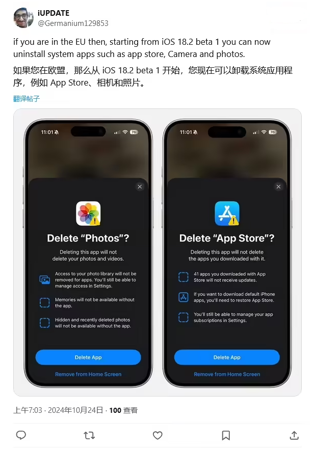 镇安苹果手机维修分享iOS 18.2 支持删除 App Store 应用商店 