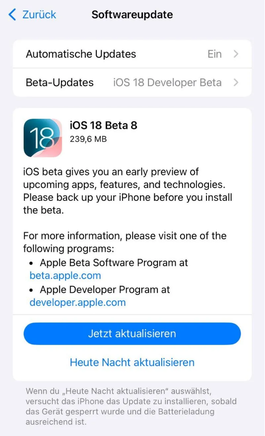 镇安苹果手机维修分享苹果 iOS / iPadOS 18 开发者预览版 Beta 8 发布 